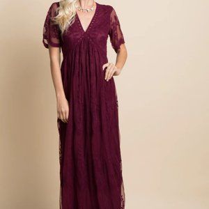 Pinkblush Burgundy Lace Mesh Overlay Maxi Dress